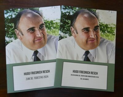 Cover der Broschüre mit Portrait von Hugo F. Resch in deutscher und italienischer Version
